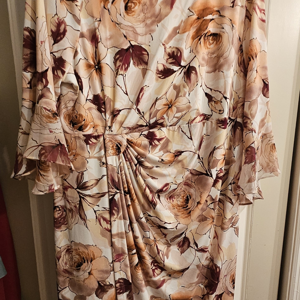 Connected Apparel Floral Midi Dress - Cream and Brown